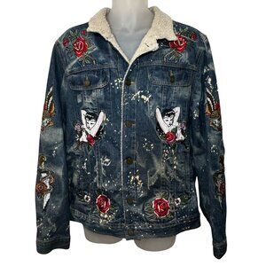 Reason Denim Sherpa Trucker Jacket Death Before Dishonor Embroidered Tattoo sz L